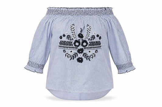 River Island Women Blue Stripe Off Shoulder Embroidered Tunic Blouse UK 14