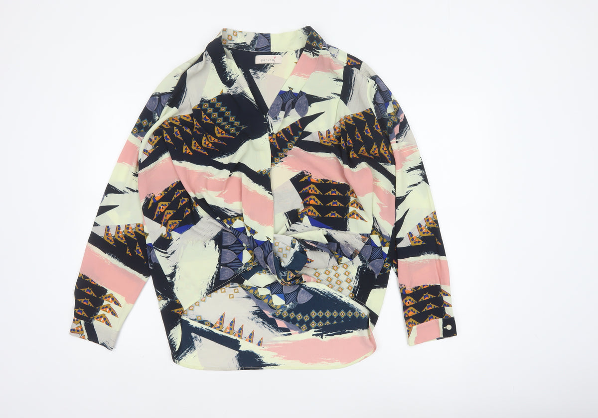 Back view of Per Una M&S Women Multicoloured UK 12 Wrap Geometric Long Sleeve Blouse
