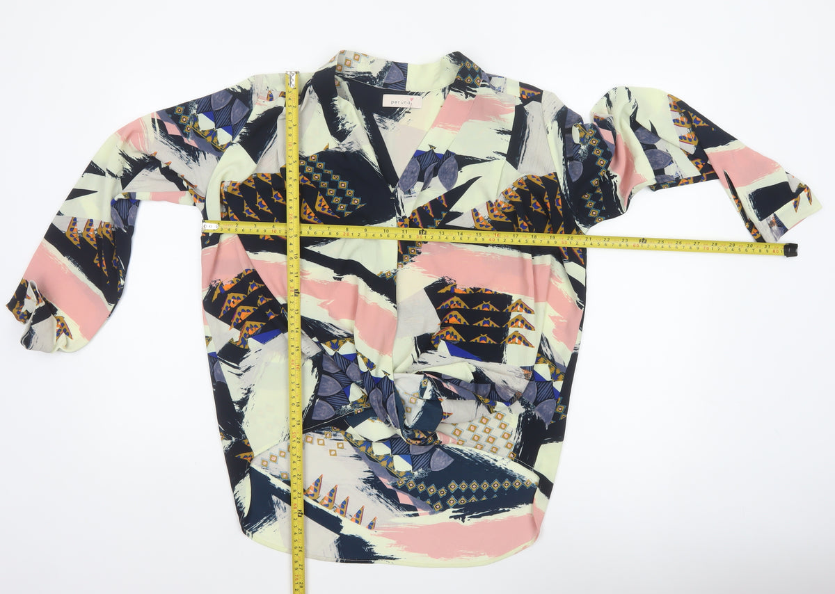 Close-up detail of Per Una M&S Women Multicoloured UK 12 Wrap Geometric Long Sleeve Blouse