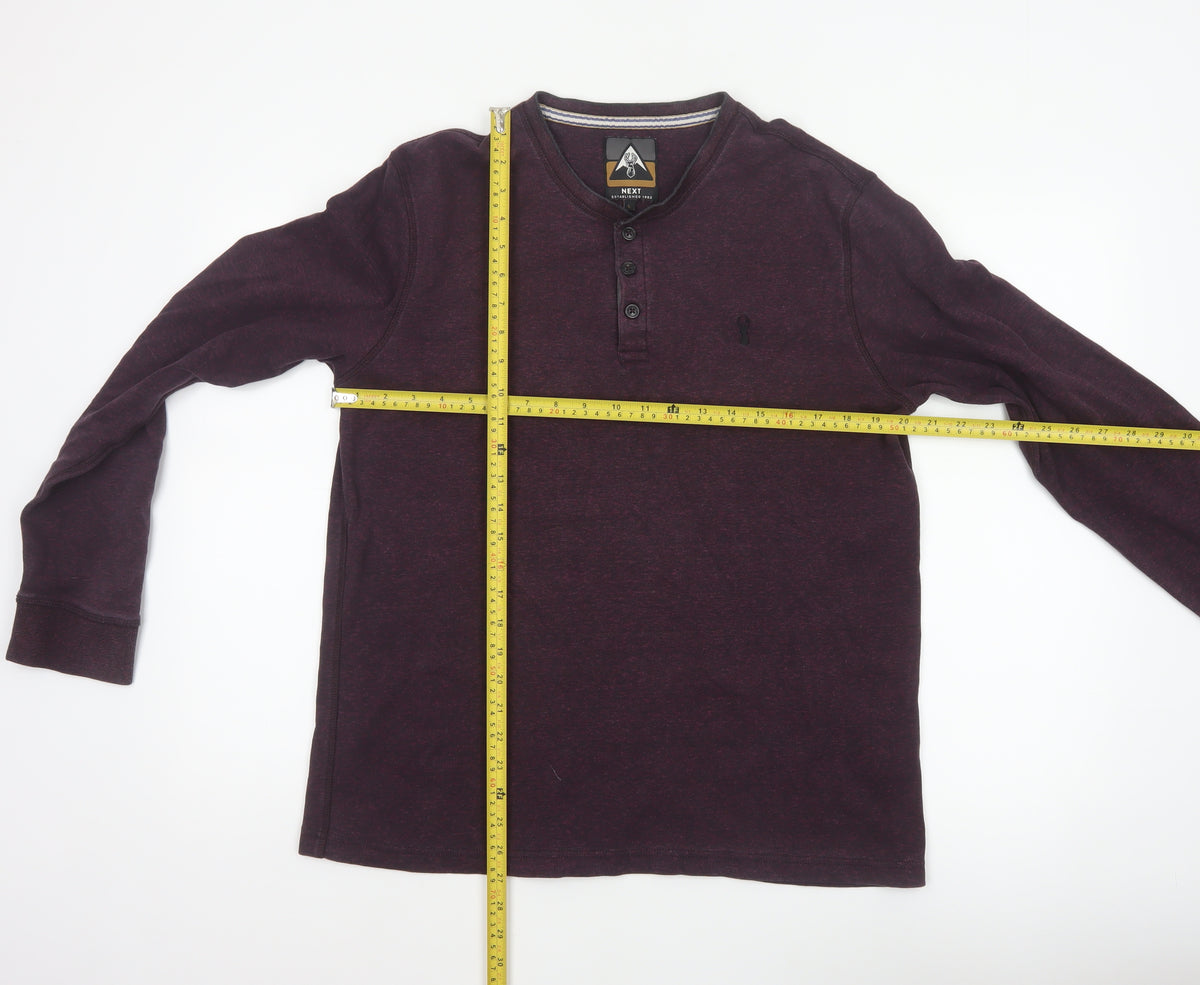 Close-up detail of Next Men’s Purple L Cotton Henley Long Sleeve Button Top