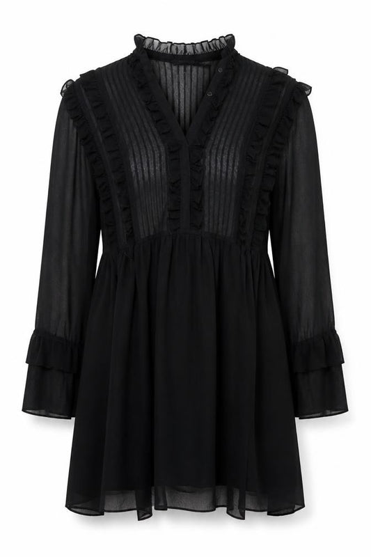Front view of ONLY Women Black UK 10 Fit & Flare Ruffle Sheer Chiffon Mini Dress