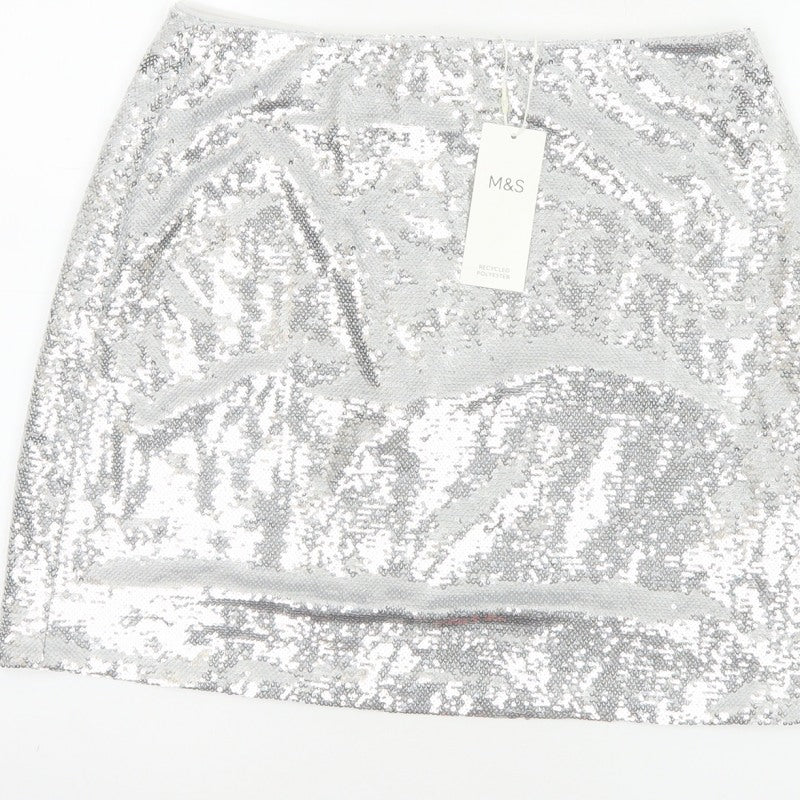 Marks and Spencer Women Silver Sequin Mini Pencil Skirt Size 10