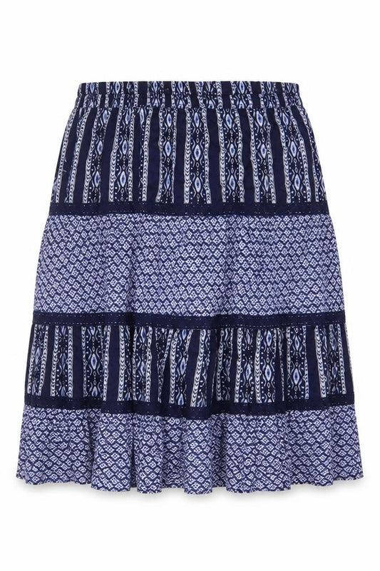 Front view of Bonmarché Women’s Blue, size UK 24, Peasant Tiered Geometric Skirt