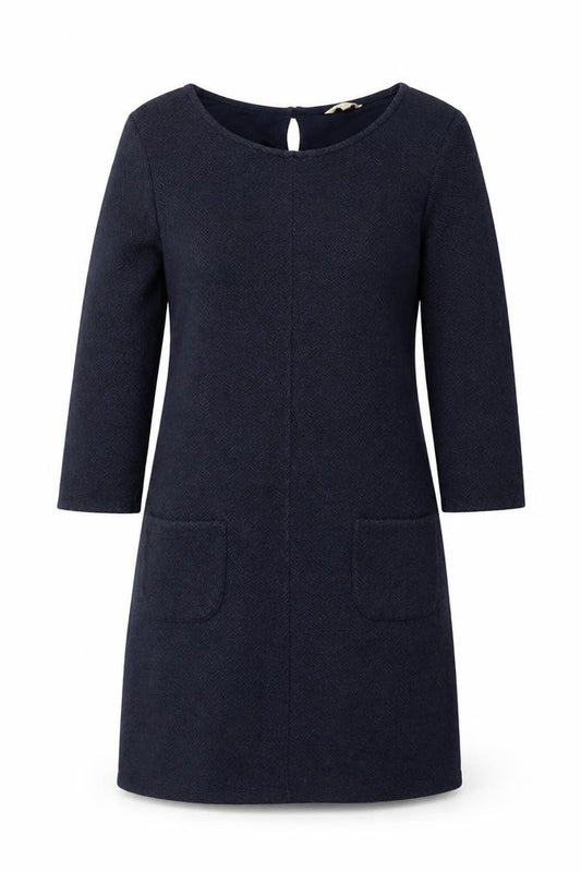 Front view of White Stuff Women Navy UK 8 Herringbone Shift Dress Long Sleeve Pockets