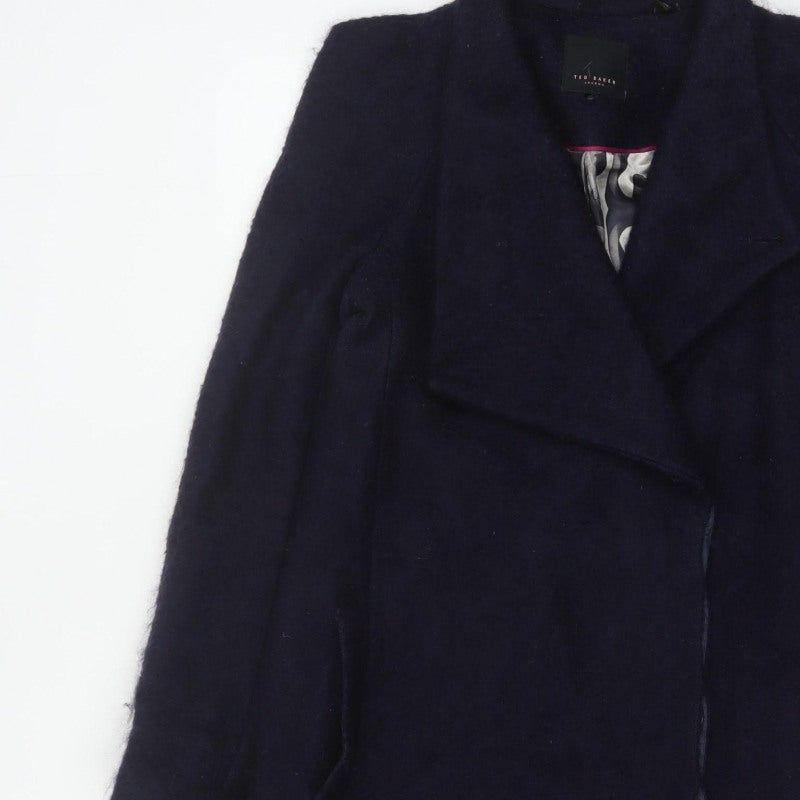 Ted Baker Women’s Navy Wool Blend Long Overcoat UK 10 Asymmetric