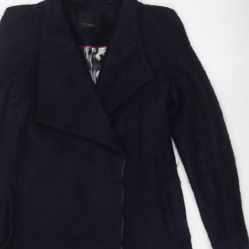Ted Baker Women’s Navy Wool Blend Long Overcoat UK 10 Asymmetric