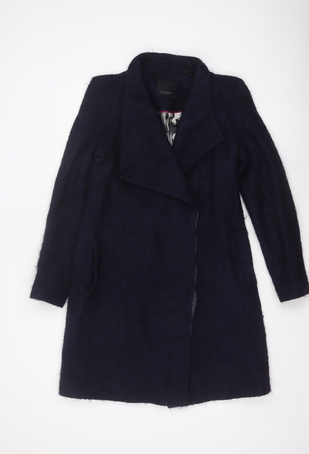 Ted Baker Women’s Navy Wool Blend Long Overcoat UK 10 Asymmetric