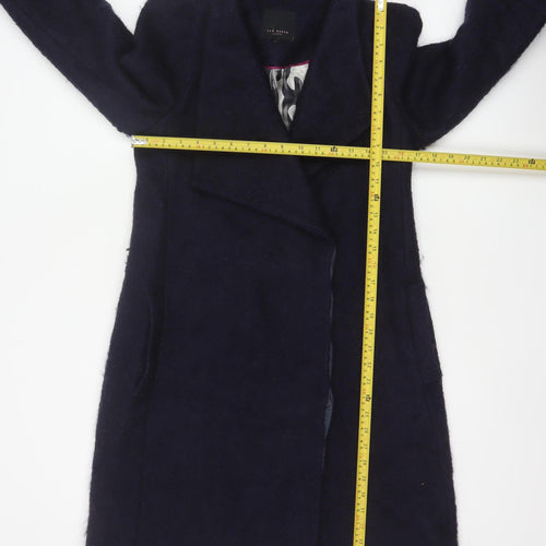 Ted Baker Women’s Navy Wool Blend Long Overcoat UK 10 Asymmetric