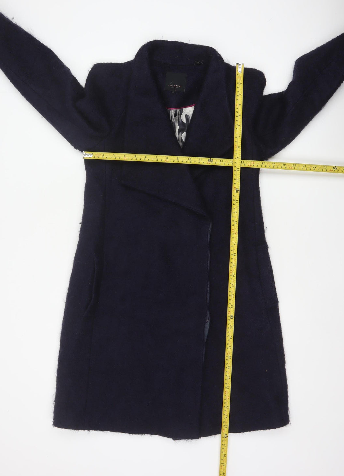 Ted Baker Women’s Navy Wool Blend Long Overcoat UK 10 Asymmetric