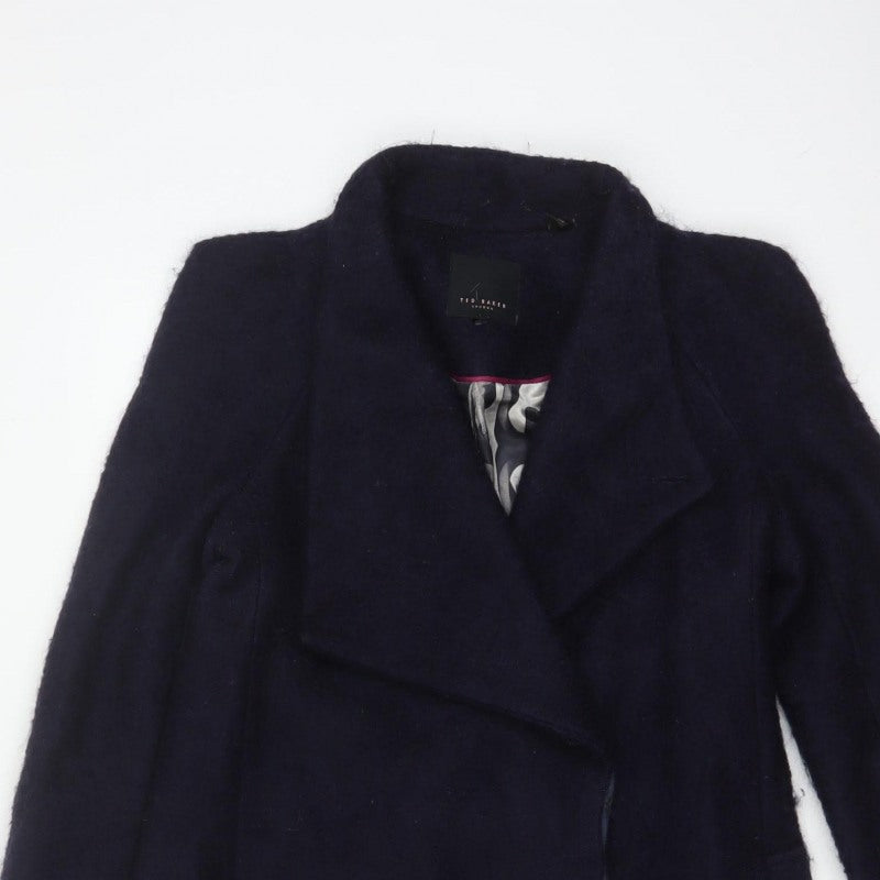 Ted Baker Women’s Navy Wool Blend Long Overcoat UK 10 Asymmetric