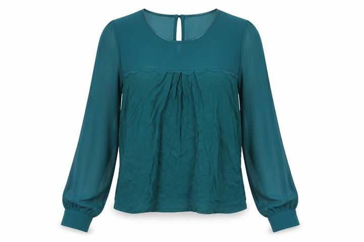 Oasis Women Green L Viscose Blouse Balloon Sleeve Scallop Trim