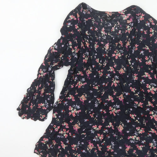 M&Co Women Navy UK 8 Petite Floral V-Neck Long Sleeve Tunic Blouse