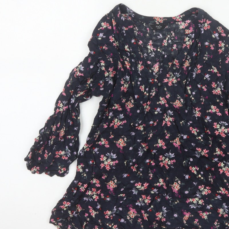 M&Co Women Navy UK 8 Petite Floral V-Neck Long Sleeve Tunic Blouse