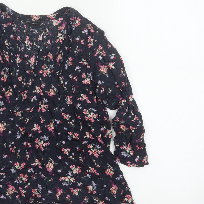 M&Co Women Navy UK 8 Petite Floral V-Neck Long Sleeve Tunic Blouse