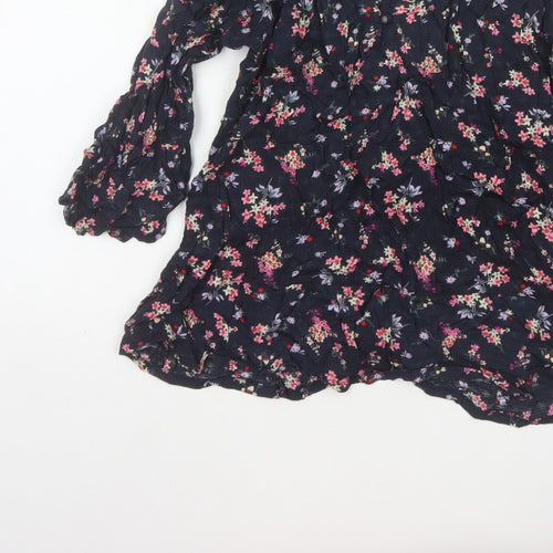 M&Co Women Navy UK 8 Petite Floral V-Neck Long Sleeve Tunic Blouse