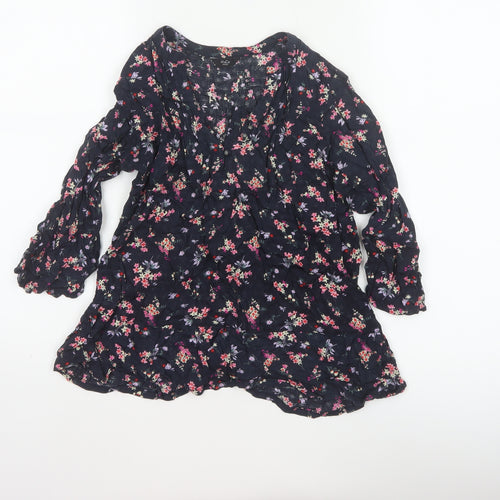 M&Co Women Navy UK 8 Petite Floral V-Neck Long Sleeve Tunic Blouse