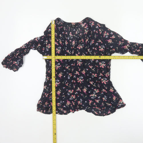 M&Co Women Navy UK 8 Petite Floral V-Neck Long Sleeve Tunic Blouse