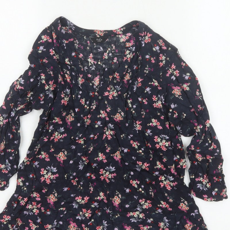 M&Co Women Navy UK 8 Petite Floral V-Neck Long Sleeve Tunic Blouse