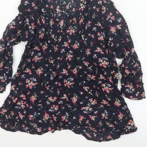 M&Co Women Navy UK 8 Petite Floral V-Neck Long Sleeve Tunic Blouse