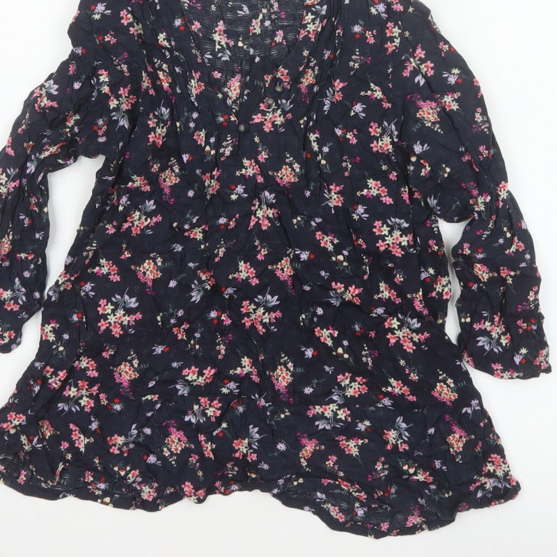 M&Co Women Navy UK 8 Petite Floral V-Neck Long Sleeve Tunic Blouse