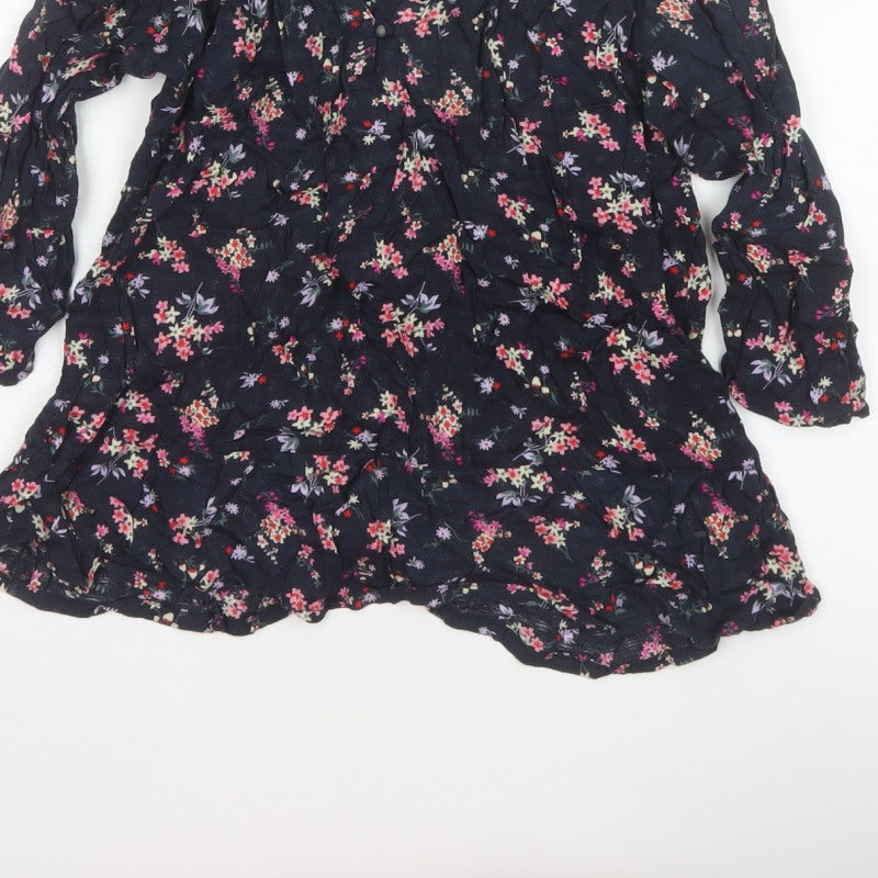 M&Co Women Navy UK 8 Petite Floral V-Neck Long Sleeve Tunic Blouse