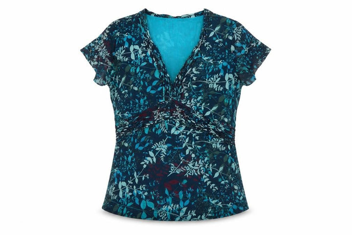Monsoon Women Blue Floral Wrap Blouse UK 16 Short Sleeve V-Neck