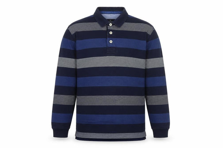 M&S Blue Harbour Mens Blue XL Striped Long Sleeve Polo Shirt
