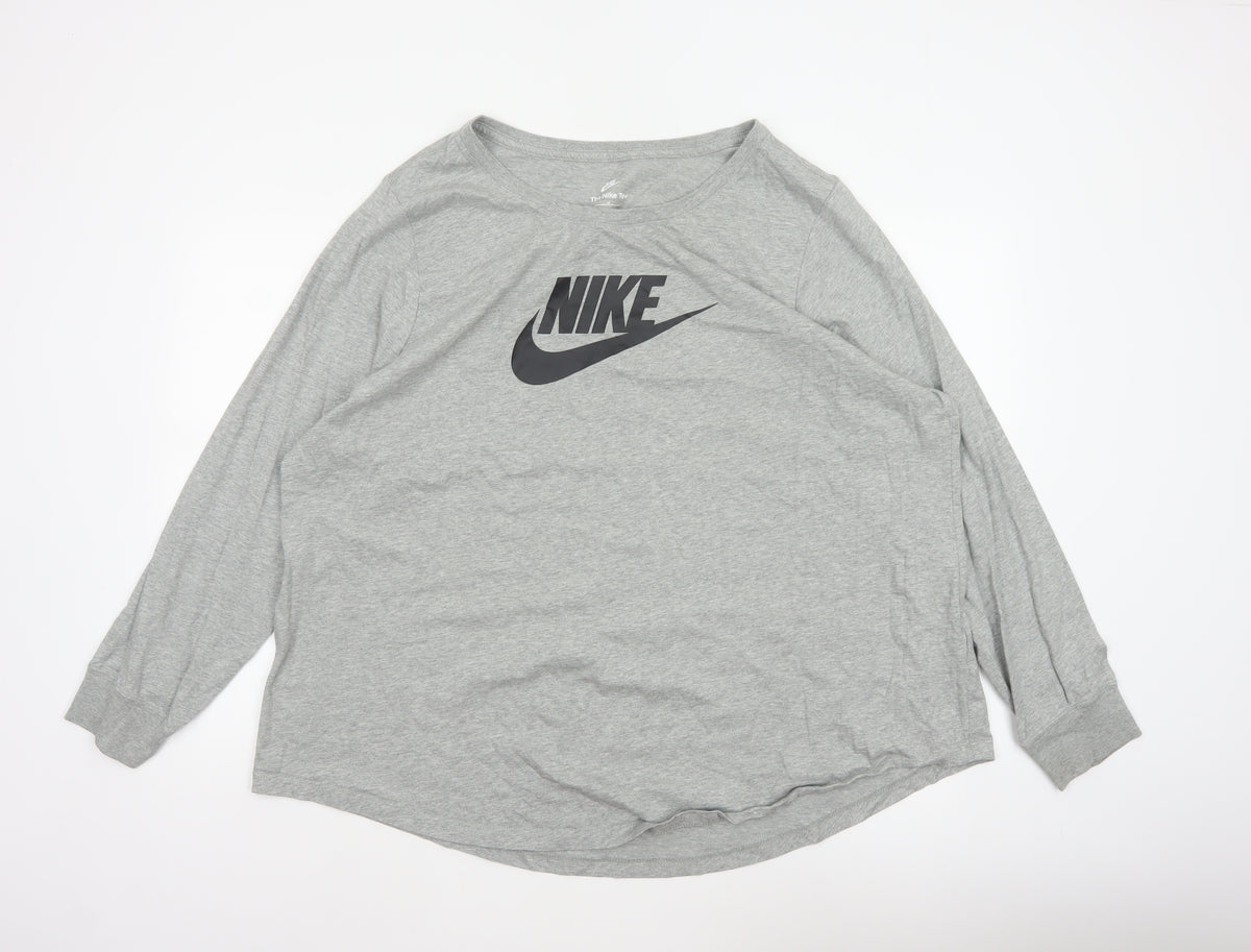 Nike Women Grey 3XL Long Sleeve Logo Crew Neck Basic T-Shirt