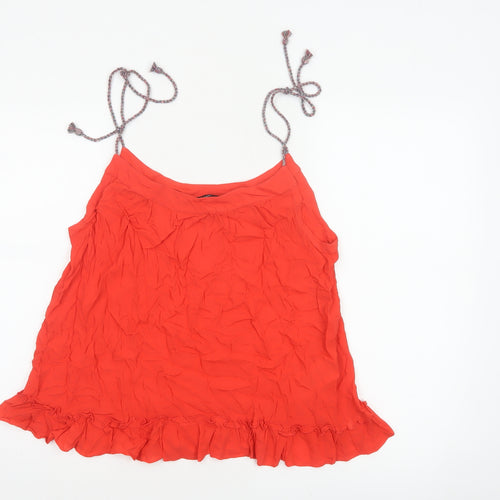 Vero Moda Women Red L Viscose Tie Strap Ruffle Camisole Tank Top