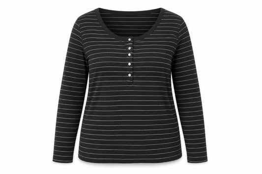 Marks and Spencer Women's Black UK 16 Striped Henley Long Sleeve Jersey Top
