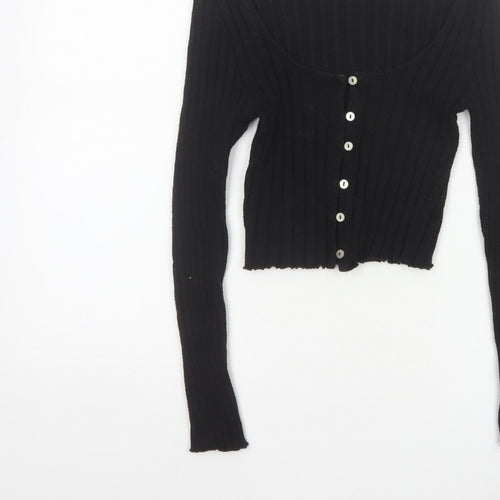 Miss Selfridge Women Black UK 8 Petite Cropped Rib Knit Button-Up Top