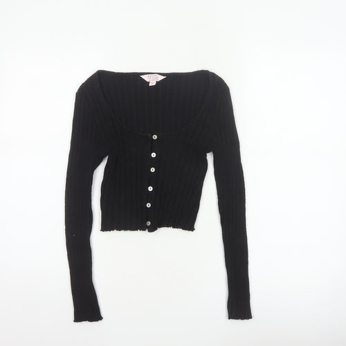 Miss Selfridge Women Black UK 8 Petite Cropped Rib Knit Button-Up Top