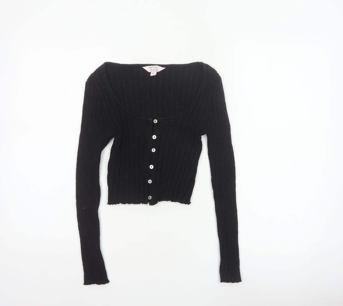 Miss Selfridge Women Black UK 8 Petite Cropped Rib Knit Button-Up Top