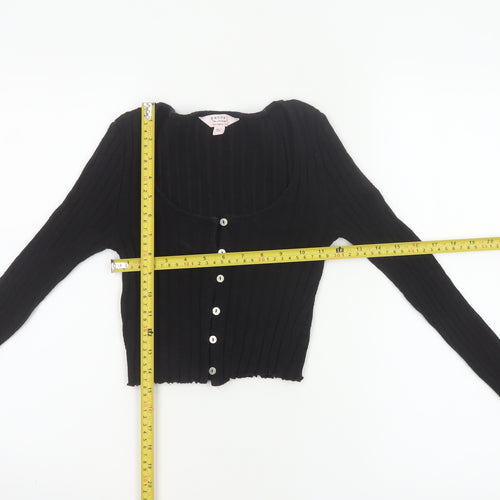 Miss Selfridge Women Black UK 8 Petite Cropped Rib Knit Button-Up Top