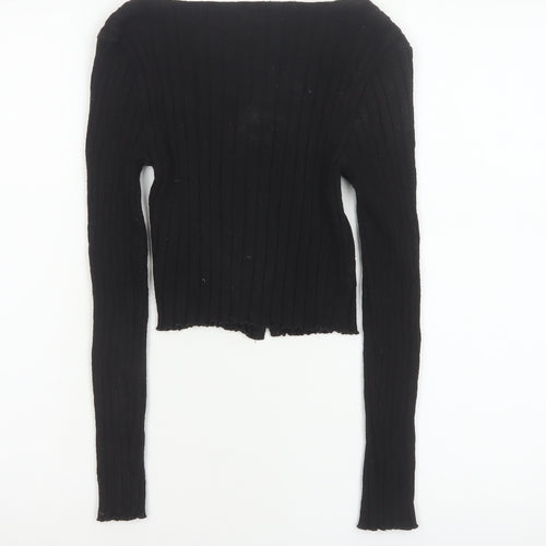Miss Selfridge Women Black UK 8 Petite Cropped Rib Knit Button-Up Top