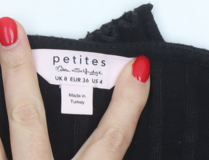 Miss Selfridge Women Black UK 8 Petite Cropped Rib Knit Button-Up Top