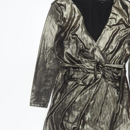 New Look Women Gold Metallic Wrap Dress UK 10 Long Sleeve Party