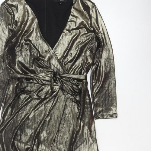 New Look Women Gold Metallic Wrap Dress UK 10 Long Sleeve Party