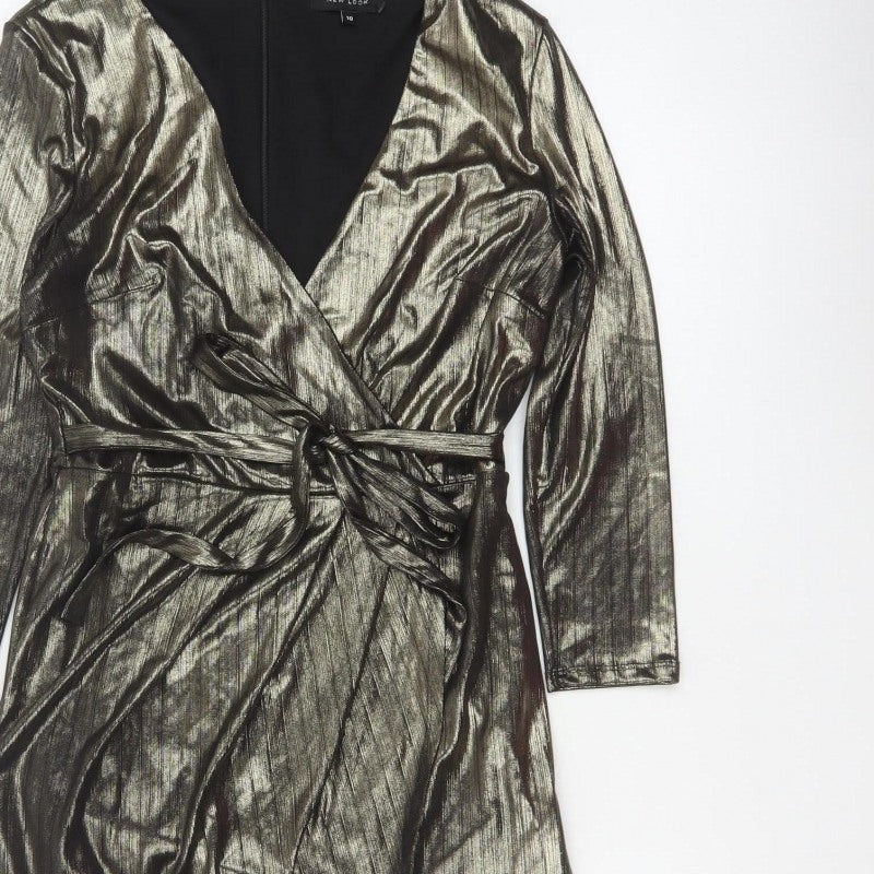 New Look Women Gold Metallic Wrap Dress UK 10 Long Sleeve Party