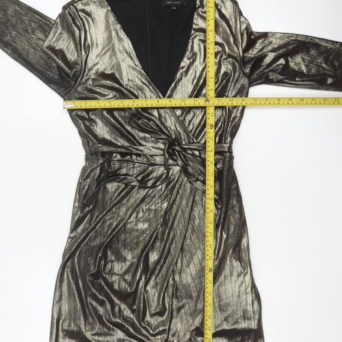 New Look Women Gold Metallic Wrap Dress UK 10 Long Sleeve Party