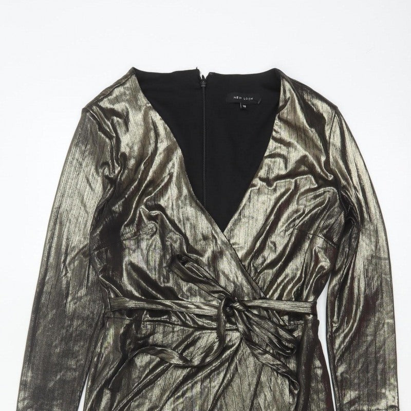 New Look Women Gold Metallic Wrap Dress UK 10 Long Sleeve Party