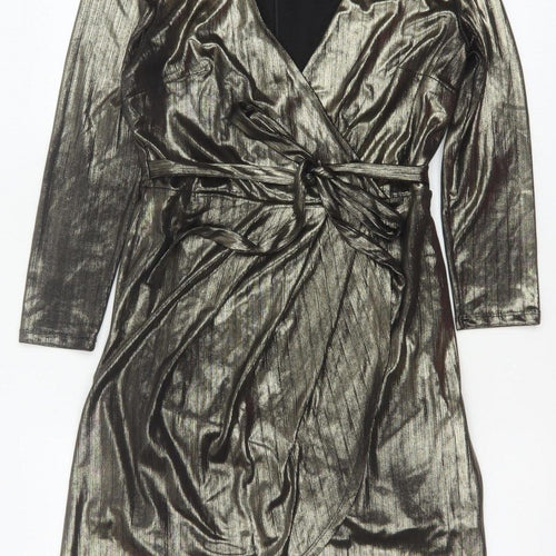 New Look Women Gold Metallic Wrap Dress UK 10 Long Sleeve Party