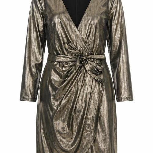New Look Women Gold Metallic Wrap Dress UK 10 Long Sleeve Party