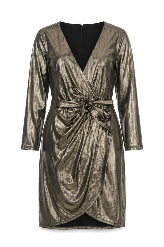 Front view of New Look Women Gold Metallic Wrap Dress UK 10 Long Sleeve Party