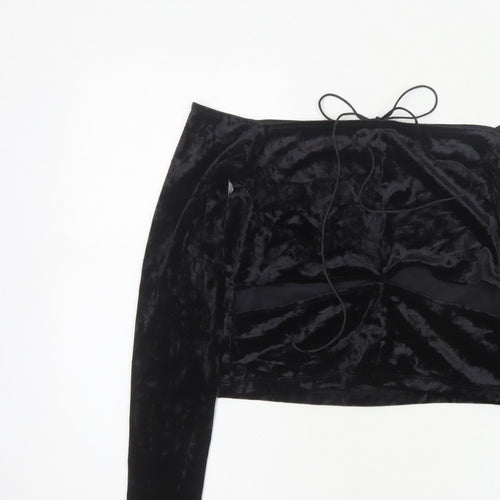 Monki Women Black UK 14 Cropped Off Shoulder Velvet Tie Top