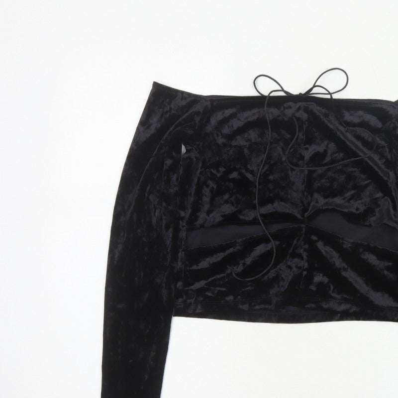 Monki Women Black UK 14 Cropped Off Shoulder Velvet Tie Top