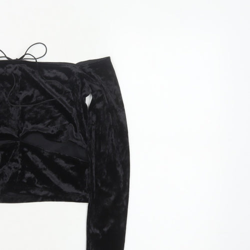 Monki Women Black UK 14 Cropped Off Shoulder Velvet Tie Top