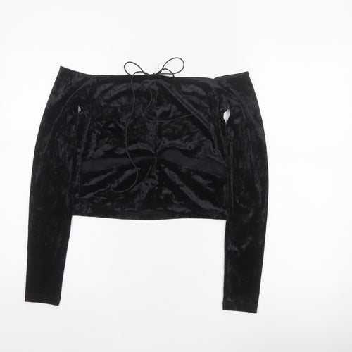 Monki Women Black UK 14 Cropped Off Shoulder Velvet Tie Top
