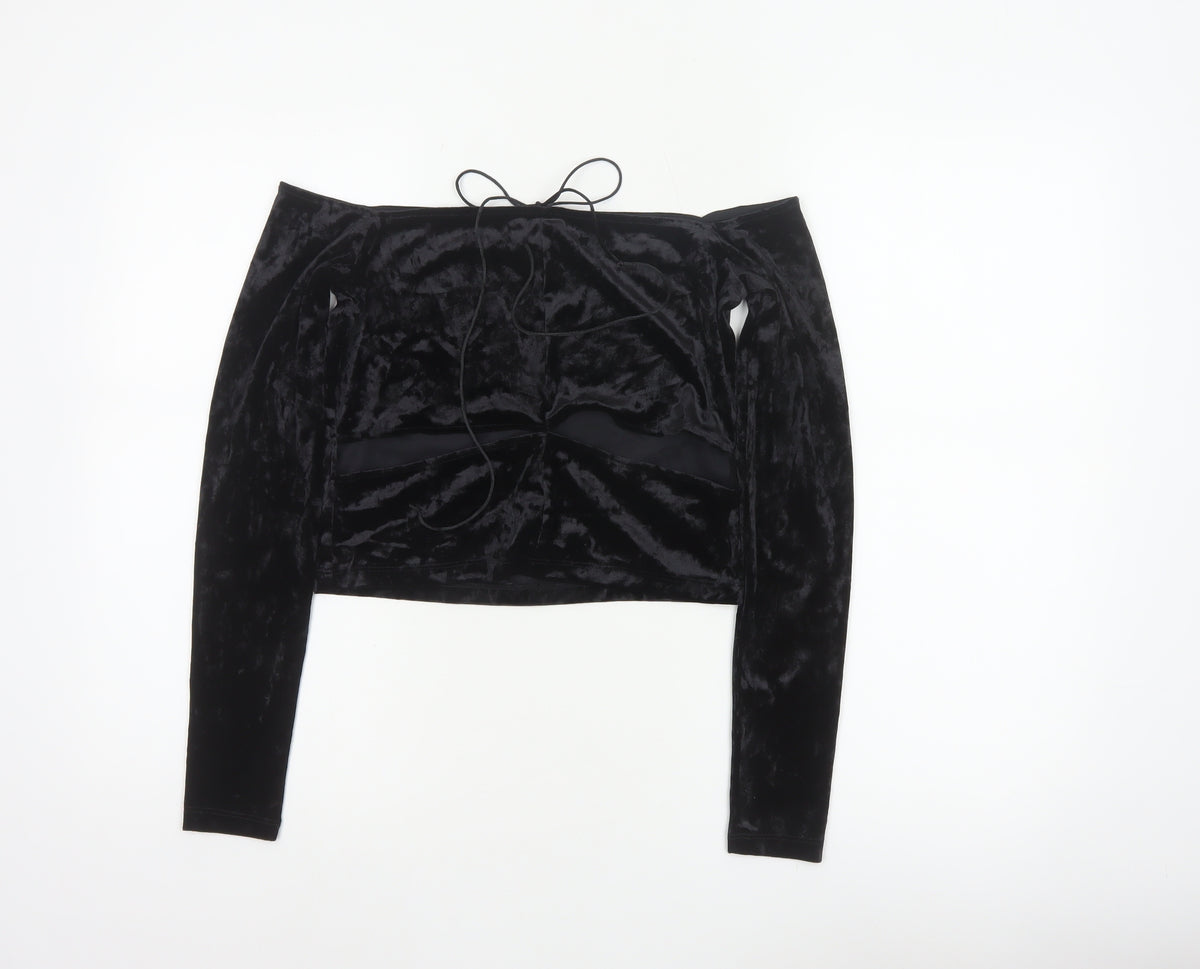 Monki Women Black UK 14 Cropped Off Shoulder Velvet Tie Top