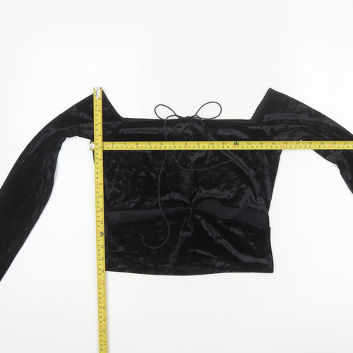 Monki Women Black UK 14 Cropped Off Shoulder Velvet Tie Top
